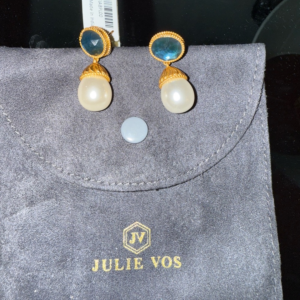 NWT - Julie Vos Gold and Blue Drop Earrings with Baroque Pearls - Picture 3 of 3